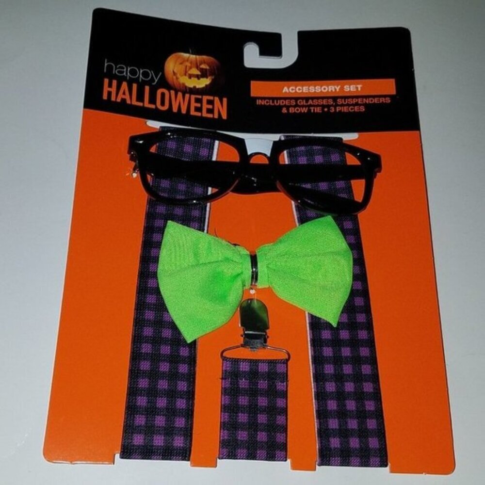 NEW Halloween Costume Nerd Dork Geek Glasses Purple Suspenders Green Bow Tie